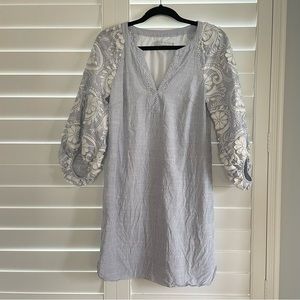 Alice & Trixie Lace Appliqué Bubble Sleeve Pin Striped Shift Dress White